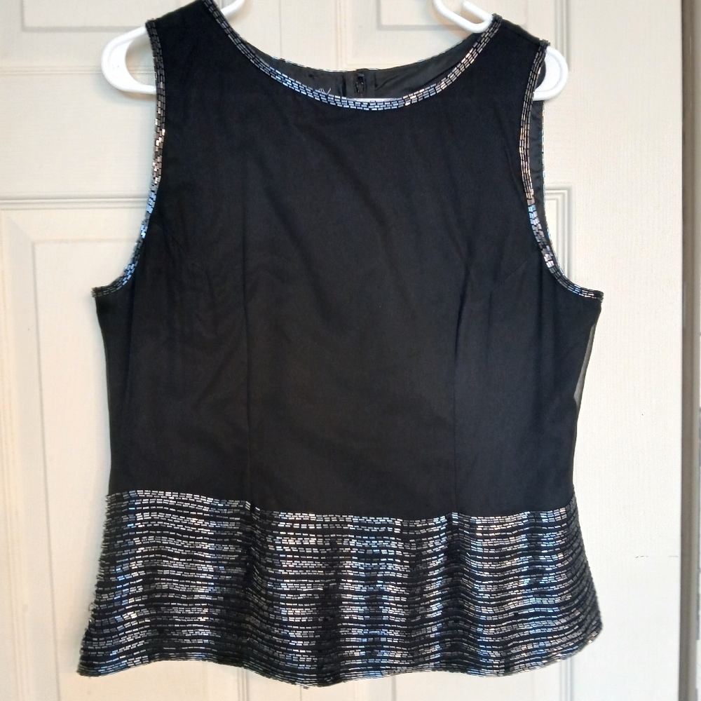 After Six Luxurious Black Sleeveless Top with Silver Sequin Bead Trim, Size 12